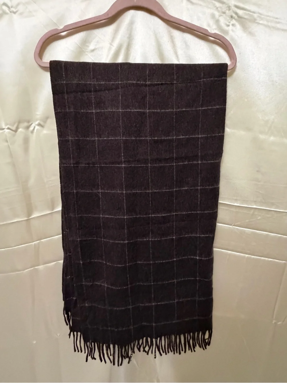 100% Wool Dark Brown Windowpane Plaid Fringe Scarf Classic Unisex